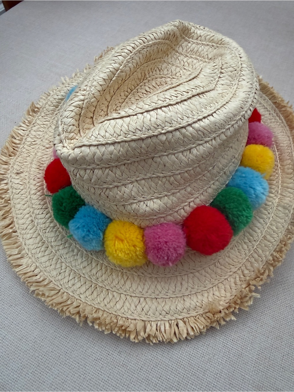 Mini Boden Straw Hat with Red, Pink, Yellow, Green and Blue Pom-Poms - Picture 3 of 3